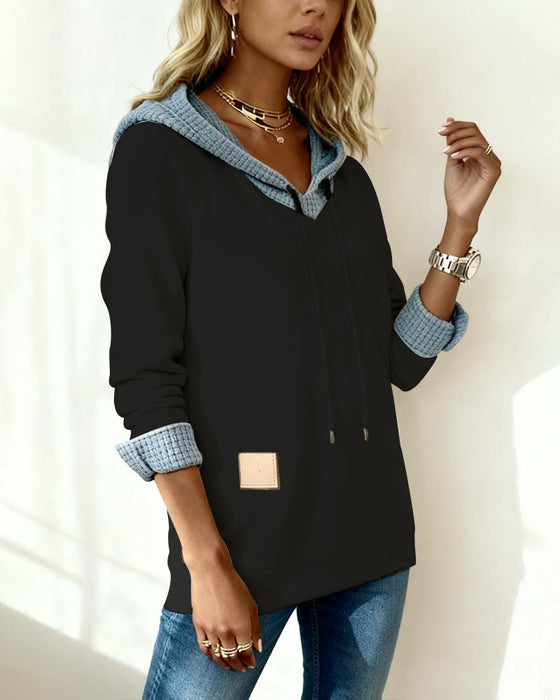Casual Hooded Waffle-Paneled Sweatshirt