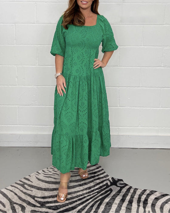 Square collar solid color hollow dress