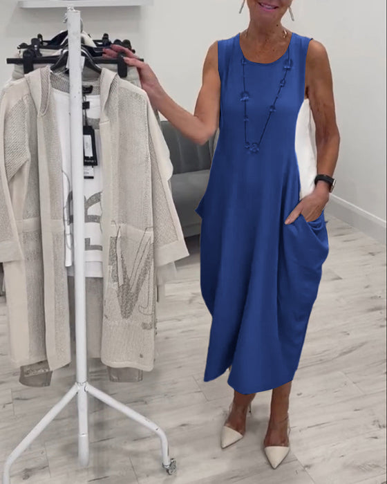 Fashionable sleeveless pocket patchwork dress