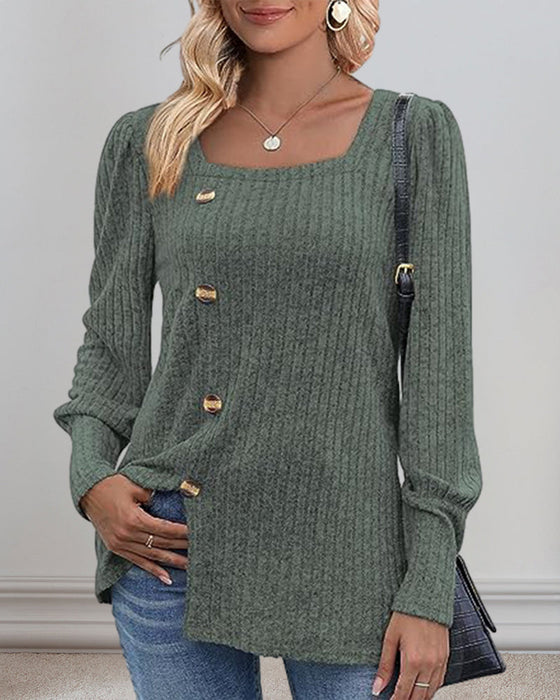 Button-Down Top with Square Neck and Puff Sleeve