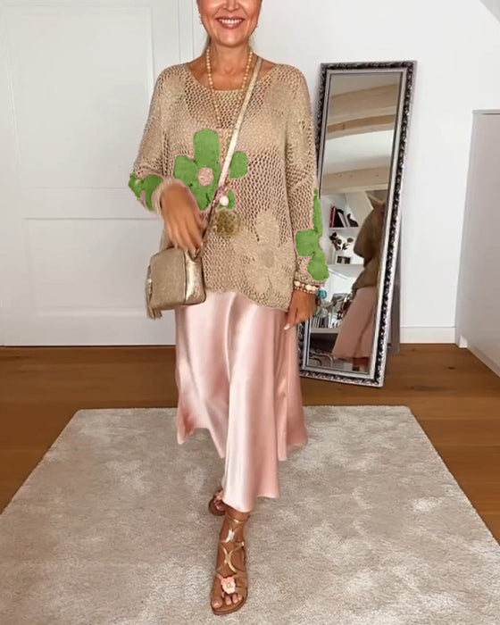 Casual floral round neck long sleeve hollow pullover