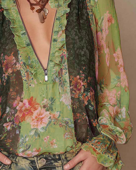 Half-Zip Floral Print Blouse