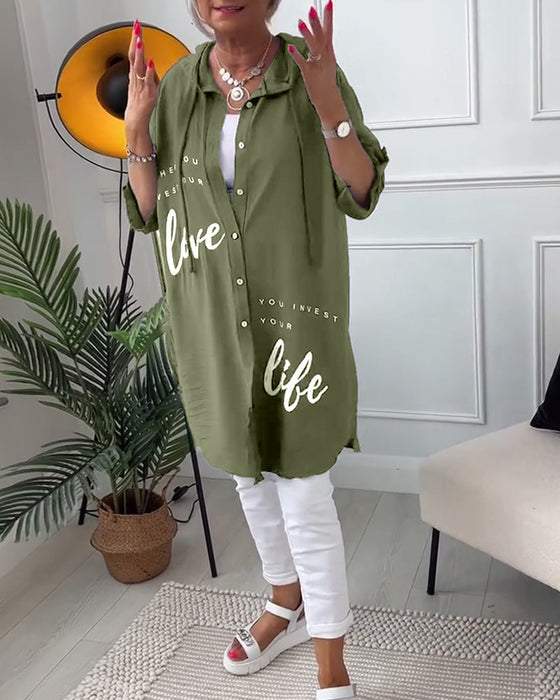 Hooded button-down coat with printed letters
