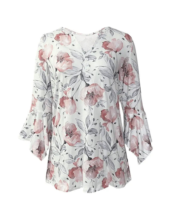 Flare Sleeve Printed Ruffle Blouse