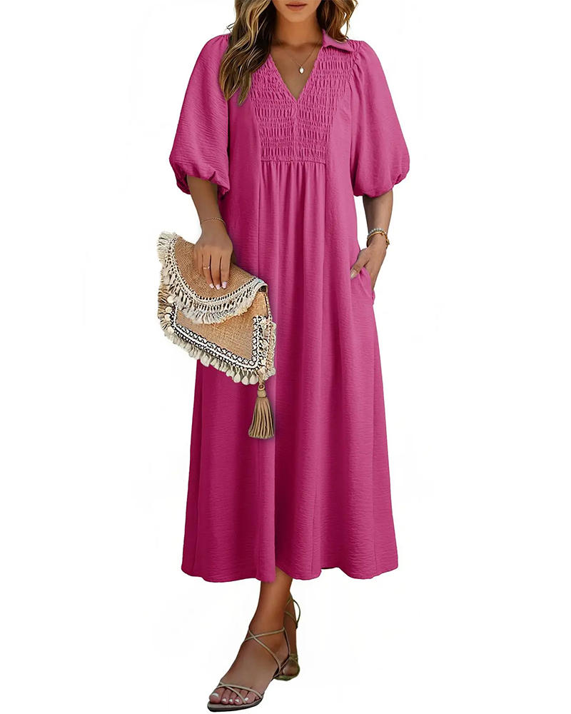 V-Neck Flap Puff Sleeve Maxi Dress