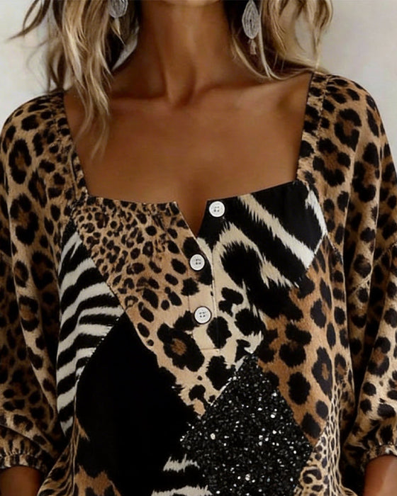 Square Neck Leopard Print Patchwork Sequin Blouse
