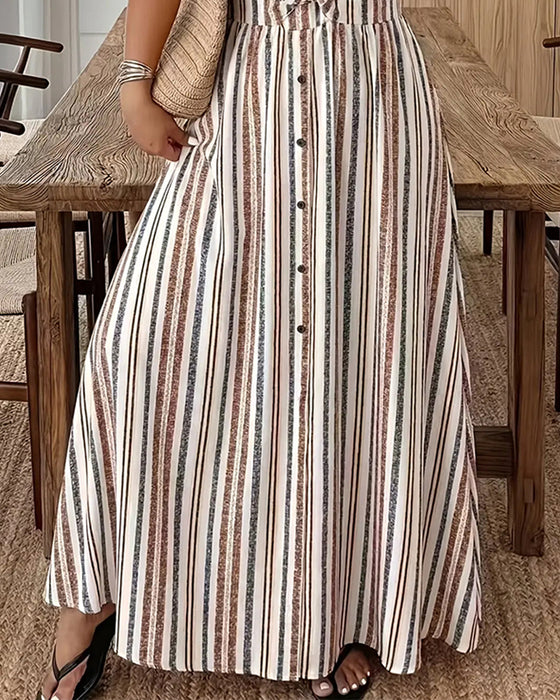 Striped Short Sleeve Lapel Dress