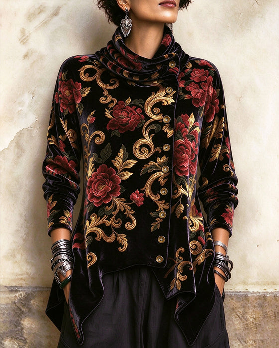Vintage Floral Turtleneck Bias-Breasted Top