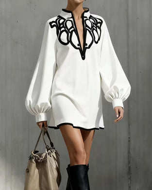 Stand Collar Lantern Sleeve Short Dress