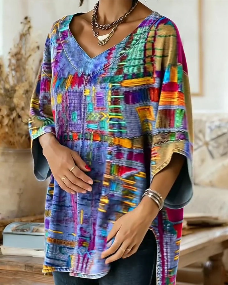 Colorful Geometric Print Wide-Sleeved Blouse