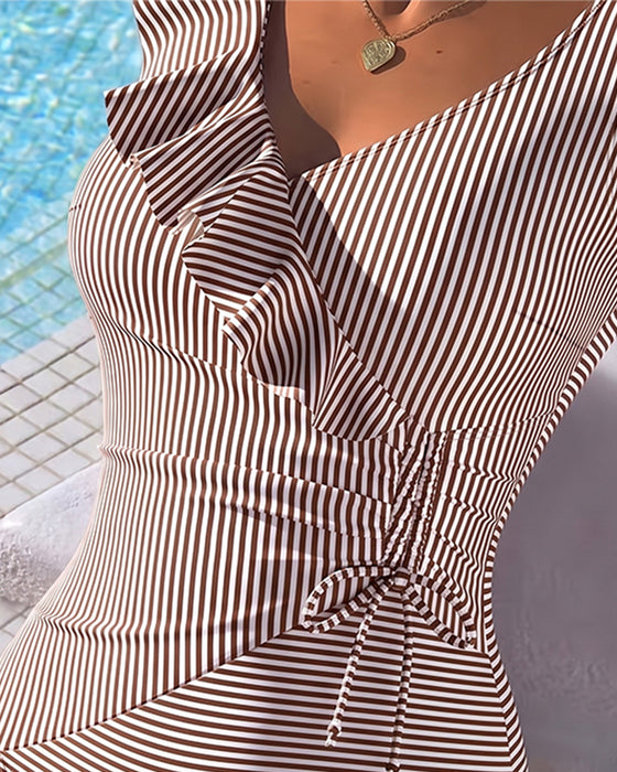 Cross Front Ruffle Stripe One Piece