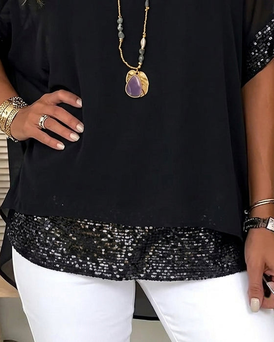 Sequin Patchwork Sheer Loose Blouse