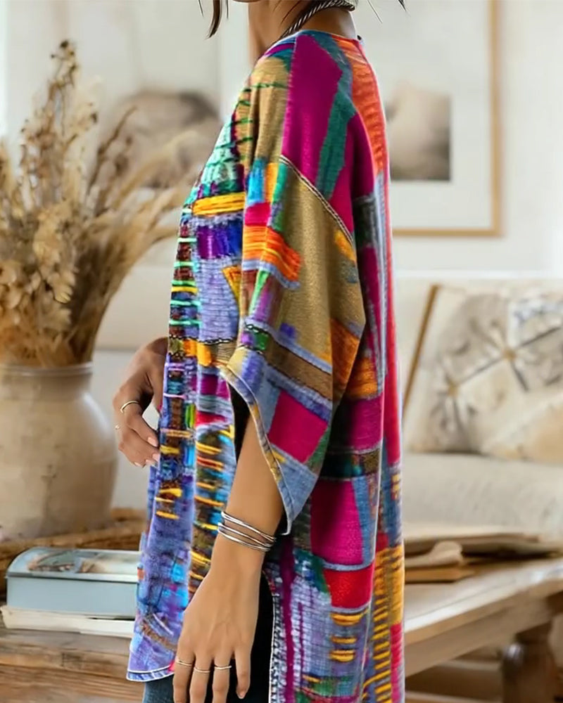 Colorful Geometric Print Wide-Sleeved Blouse