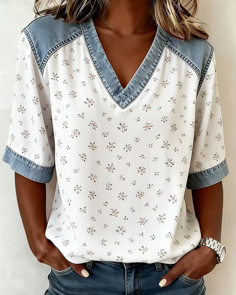 Floral-Patchwork Denim V-Neck Blouses