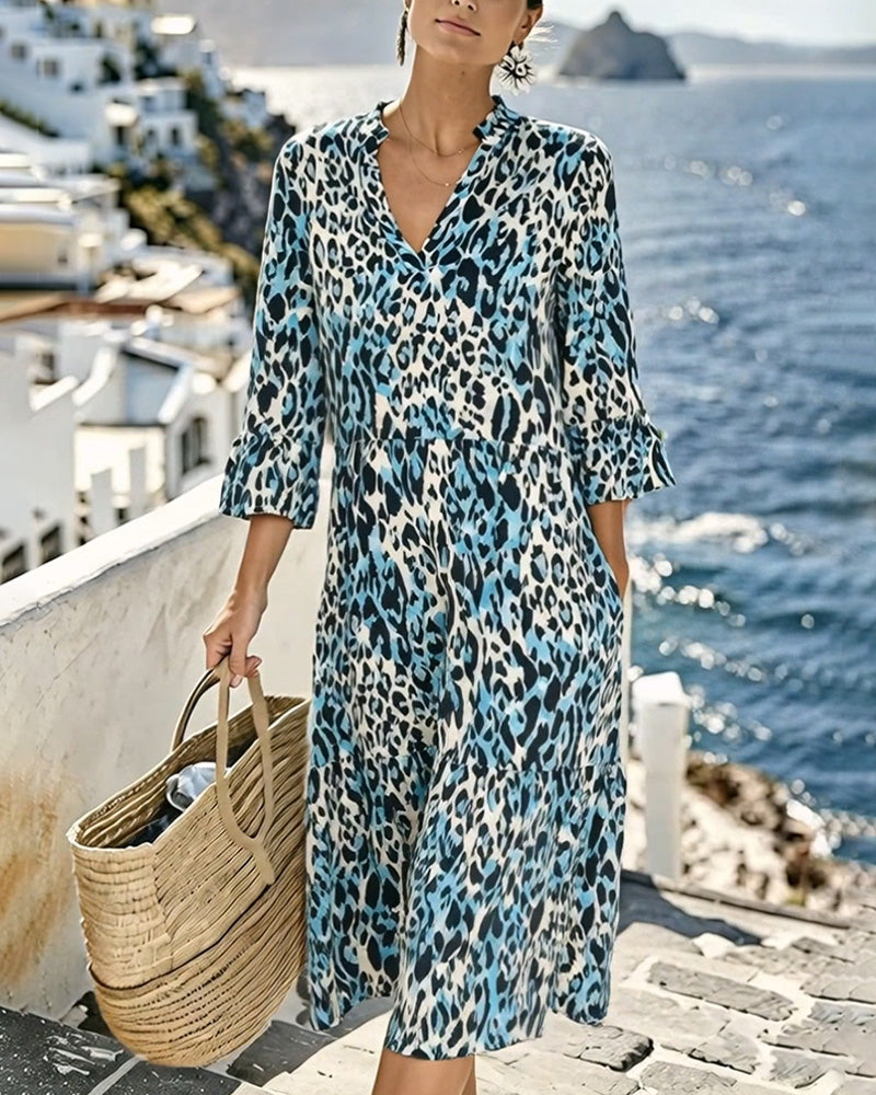 Ruffle Gradient V-Neck Leopard Dress