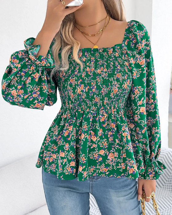 Square Neck Smocked Floral Ruffle Blouse