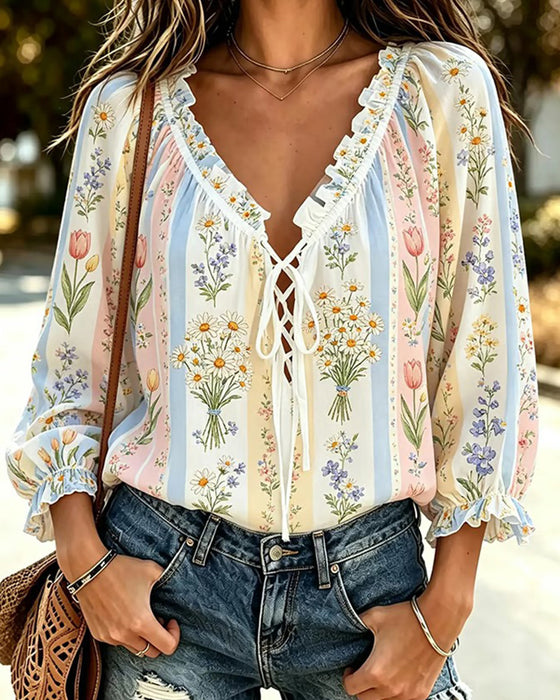 Color-Block Floral Tie V-Neck Blouse