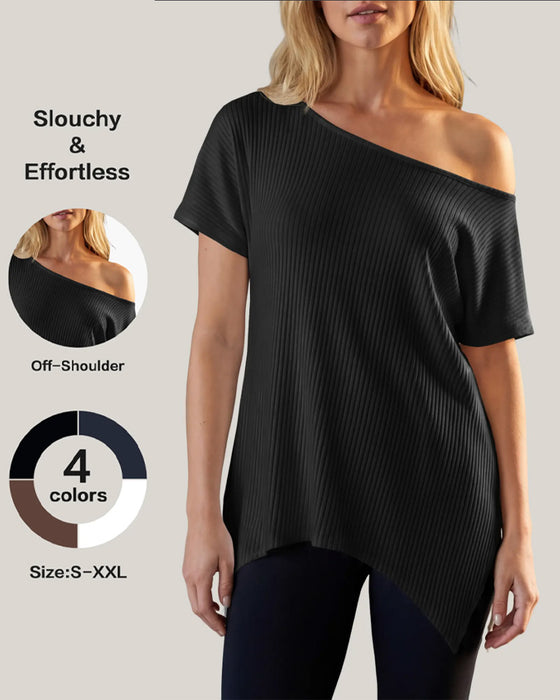 Irregular Off-Shoulder Short Sleeve Ribbed T-Shirt