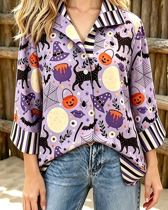 Lapel Button Stripe Halloween Blouse