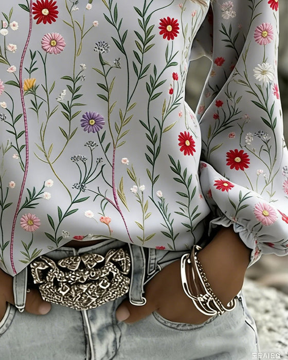 Floral Print Bubble Sleeve V-Neck Blouse