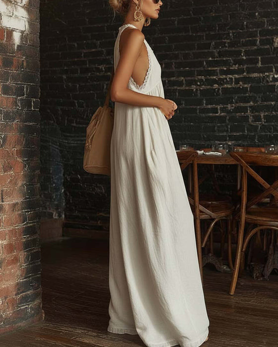 Deep V Sleeveless Wide-Leg Jumpsuit