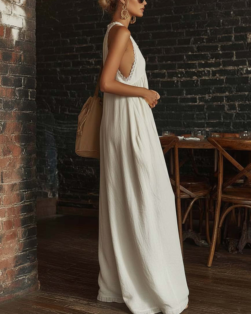 Deep V Sleeveless Wide-Leg Jumpsuit