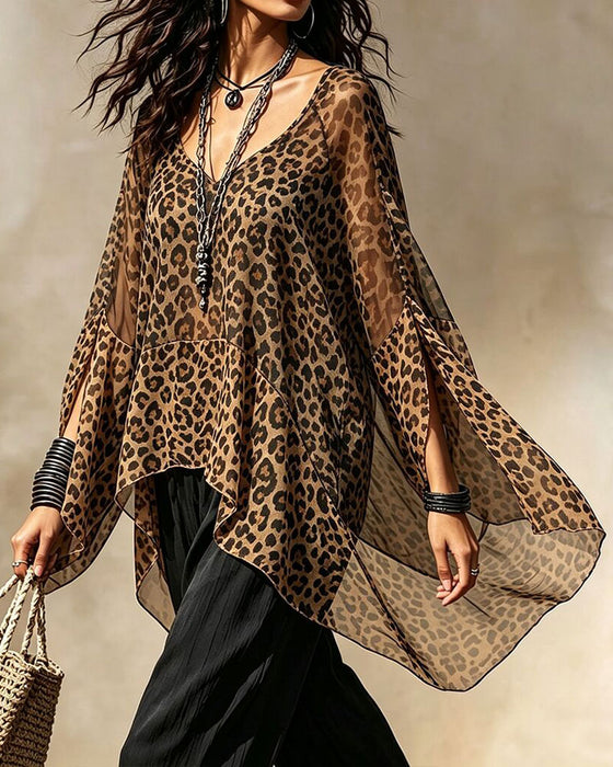 V-Neck Leopard Irregular Blouse