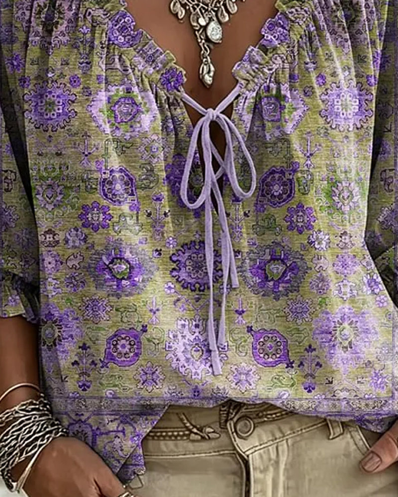 V-Neck Tie Vintage Print Blouse