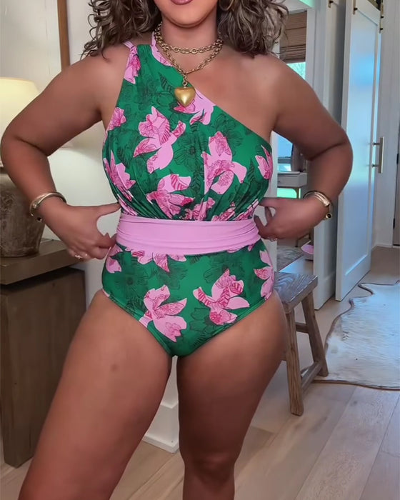 Color Block Floral One-Piece Swimsuit Cover-Up