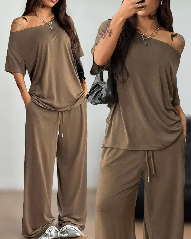 Oblique Neck Drawstring Waist Wide Leg Pants Set