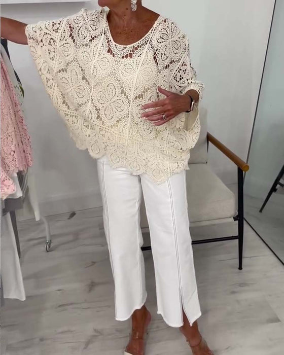 Three-Quarter Sleeve Cutout Pullover