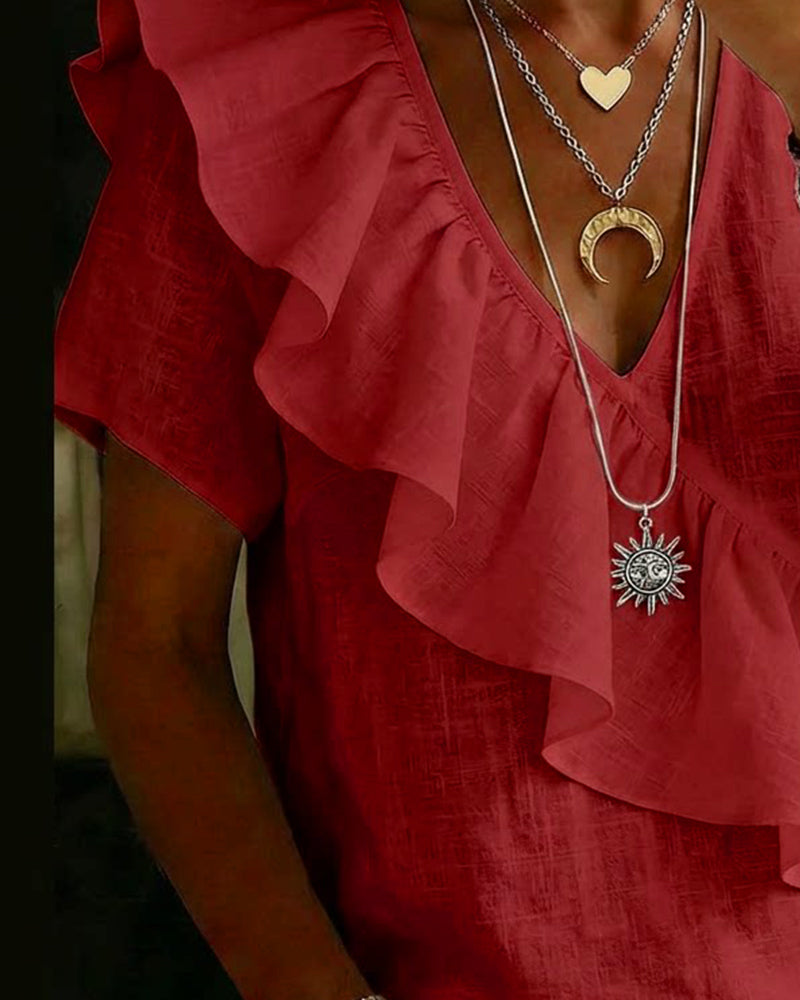 V-Neck Short-Sleeve Ruffled Blouse