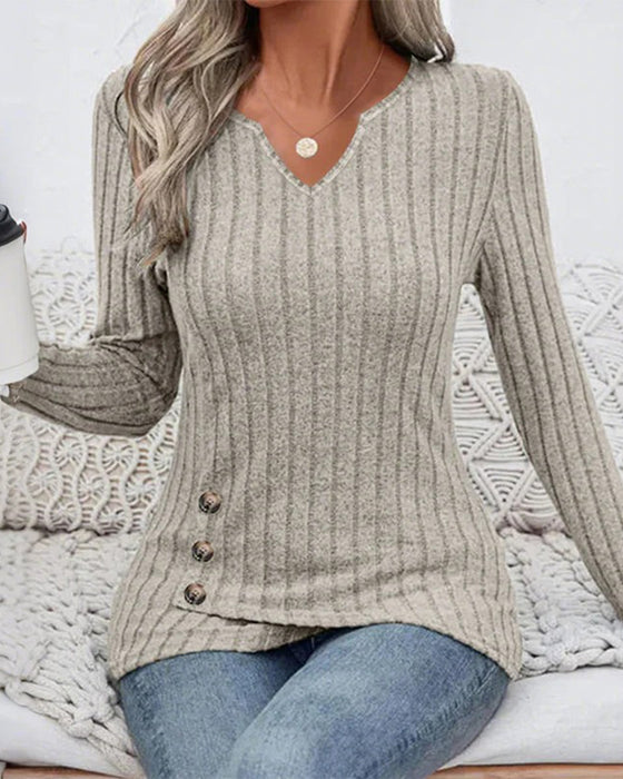 V-Neck Ribbed Long Sleeve Top