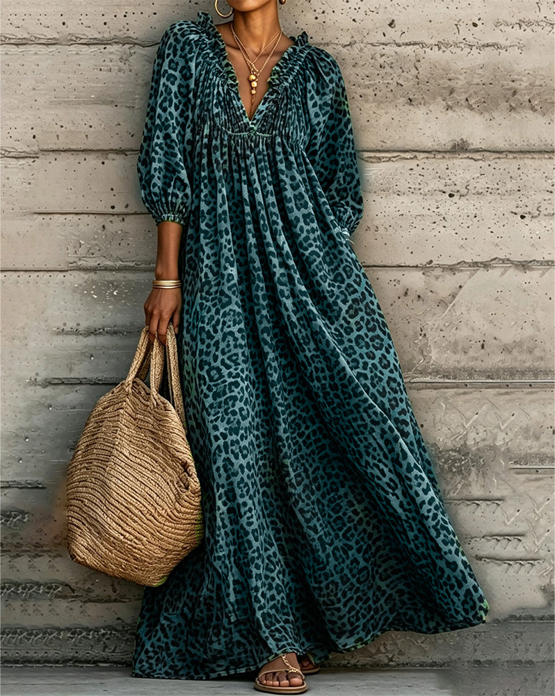 Leopard Print V-Neck Puff Sleeve Dress