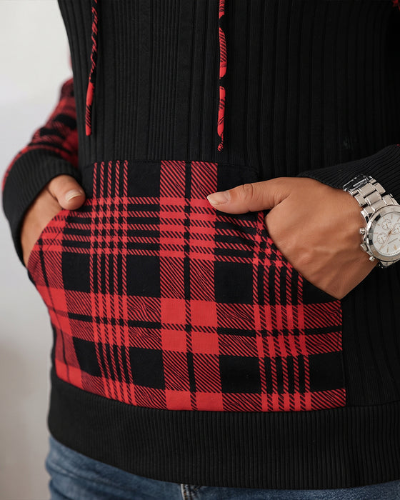 Plaid Patchwork Long-Sleeve Hoodie