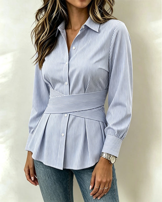 Striped Waist-Cinch Belted Blouse