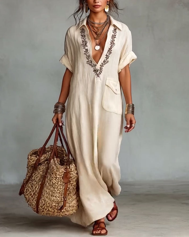 Deep V-Neck Print Casual Maxi Dress