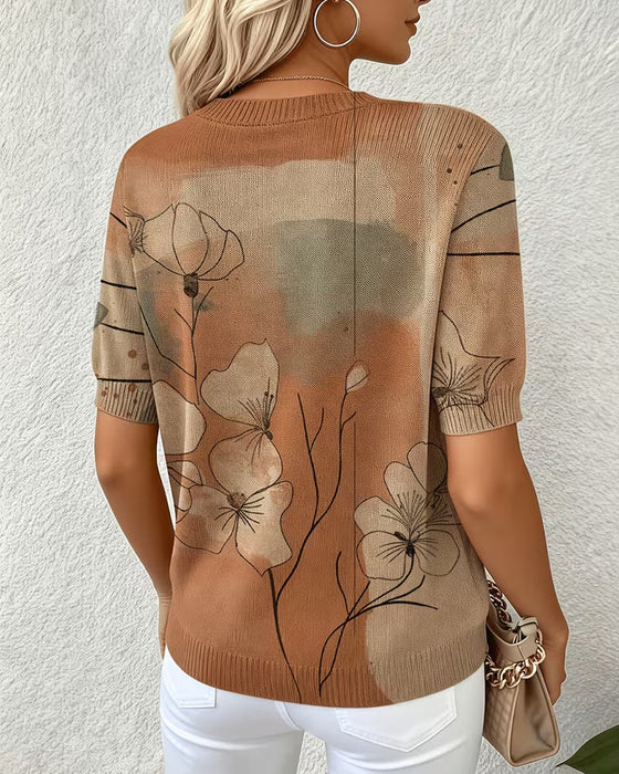 Printed Short-Sleeve Knitted Pullover
