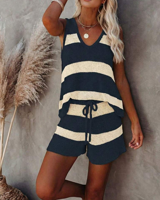 Sleeveless V-Neck Striped Shorts Set