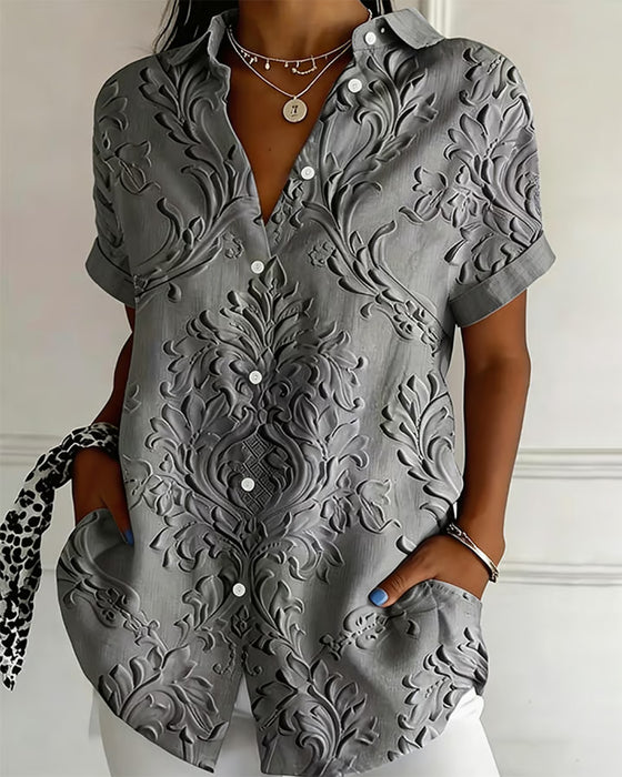 Lapel Embossed Short Sleeve Shirt