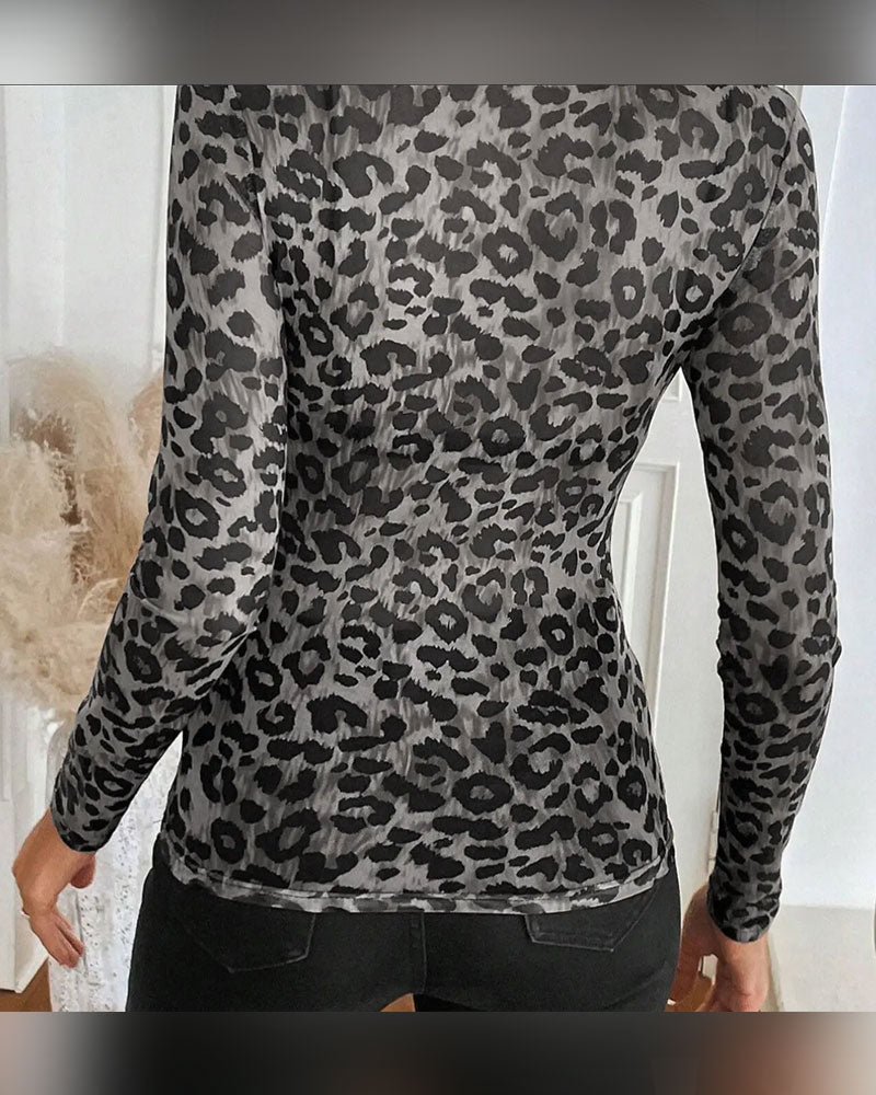 Leopard Print Crew Neck Long Sleeve Top