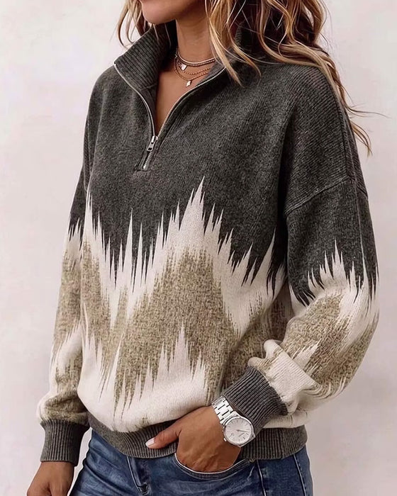 Collared Zipper Color-Block Loose Sweatshirt