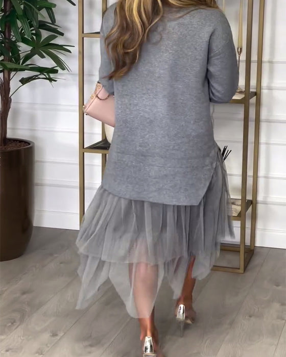 Long-Sleeved High-Neck Patchwork Dress