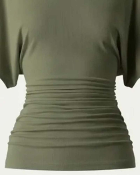 Casual Solid Pleated Short Sleeve Blouse