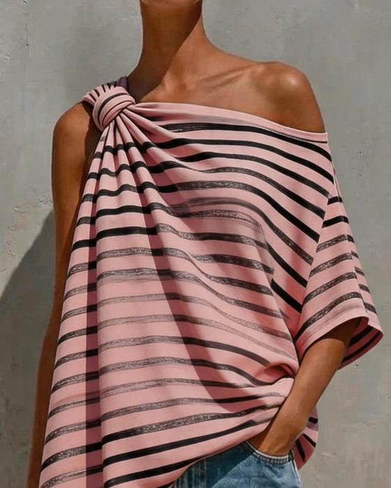 Striped One-Shoulder Twist Knot Blouse