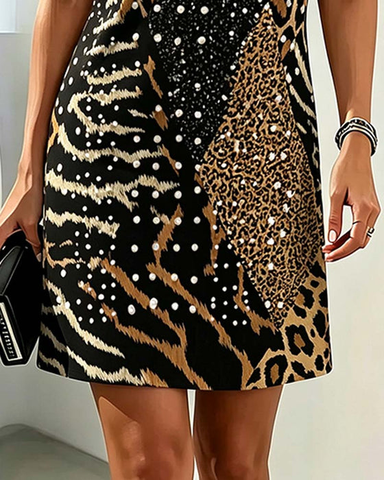 Leopard Print Crew Neck Short Sleeve Patchwork Dress