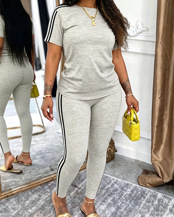 Striped Short-Sleeved Long Sweatpants Set