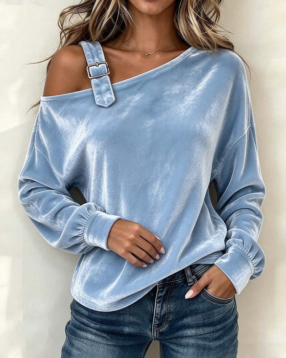 Cross-Shoulder Strap Pleated Off-Shoulder Blouse