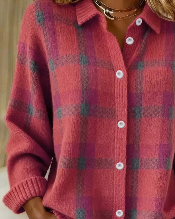 Plaid Shirt Collar Buttoned Cardigan
