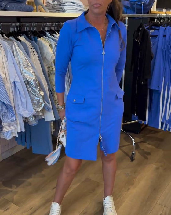 Lapel Solid Color Zipper Long Sleeve Dress